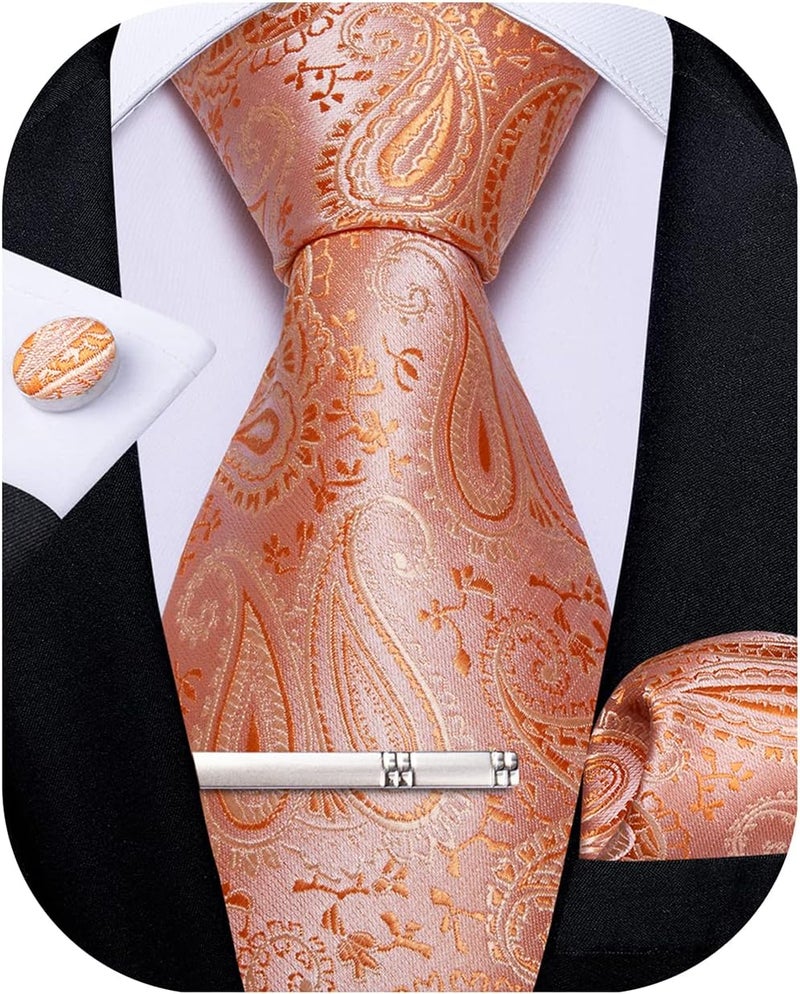 DiBanGu Paisley Ties for Men Silk Necktie and Pocket Square Cufflinks Tie Clip Set Woven Classic Mens Tie for Wedding Party - Image 1